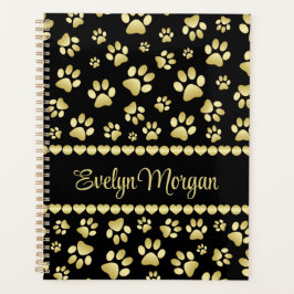 Golden Paw Prints on Black with Custom Name Planer