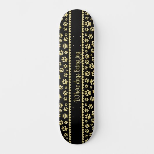 Golden Paw Prints on Black with Custom Name Skateboard (Vorderseite)