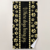 Golden Paw Prints on Black with Custom Name Strandtuch (Vorderseite)