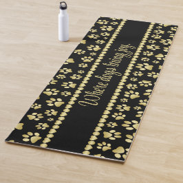 Golden Paw Prints on Black with Custom Name Yogamatte