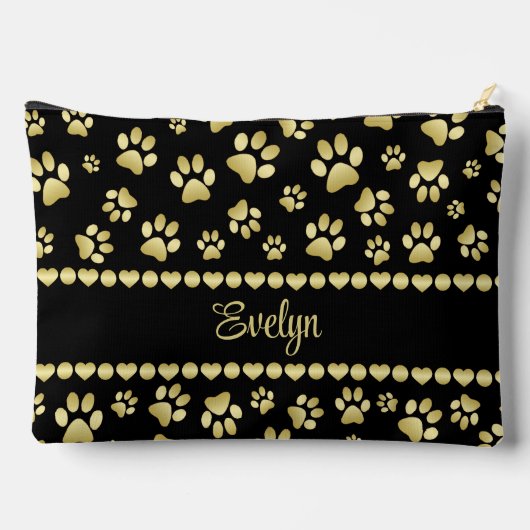 Golden Paw Prints on Black with Custom Name Zubehörtasche (Rückseite)