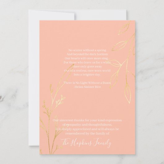 Golden Peach floral in Love Memory Beerdigung Dankeskarte (Rückseite)