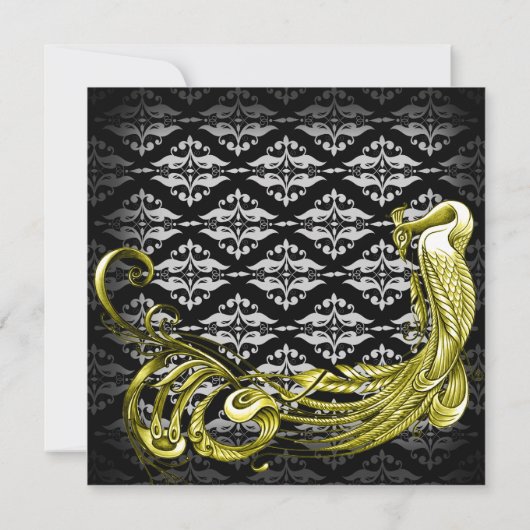 Golden Peacock auf Damask Hochzeit Einladung (Rückseite)
