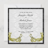 Golden Peacock auf Damask Hochzeit Einladung (Vorderseite)