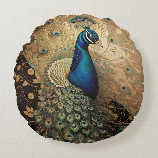 Golden Peacock Bird Rundes Kissen (Vorderseite)