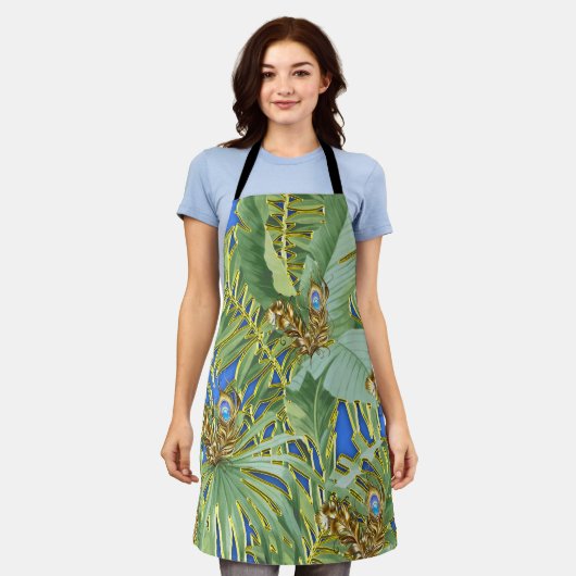 Golden Peacock Blätter auf Cerulean Blue All-Over- Schürze (Getragen)