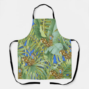 Golden Peacock Blätter auf Cerulean Blue All-Over- Schürze