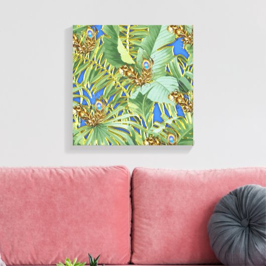 Golden Peacock Blätter auf Cerulean Blue Leinwanddruck (Insitu (Wohnzimmer))