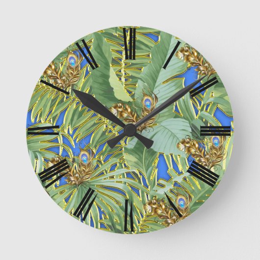 Golden Peacock Blätter auf Cerulean Blue Runde Wanduhr (Vorderseite)