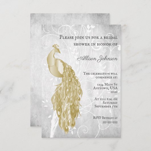 Golden Peacock Bridal Dusche Einladung (Vorne/Hinten)