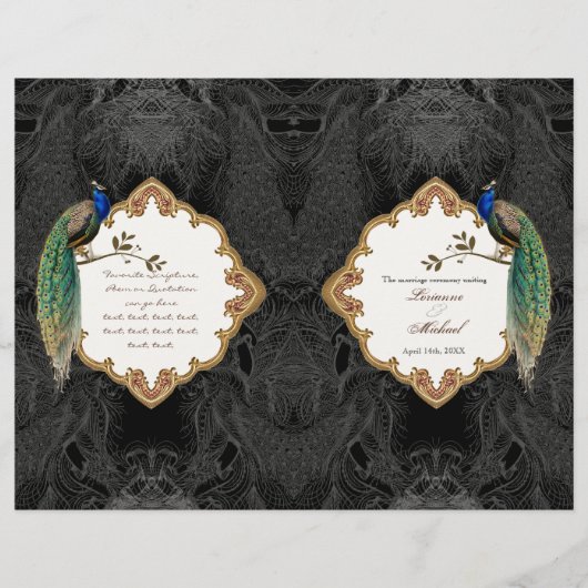 Golden Peacock & Calligraphy Swirl Wedding Program (Vorderseite)