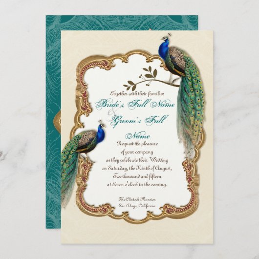 Golden Peacock & Calligraphy Wirbel Einladung (Vorne/Hinten)