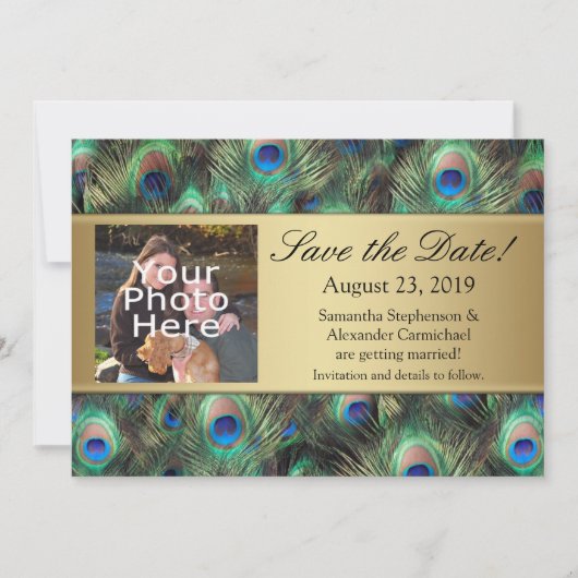 Golden Peacock Feather Foto Save the Date (Vorderseite)