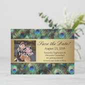 Golden Peacock Feather Foto Save the Date (Stehend Vorderseite)