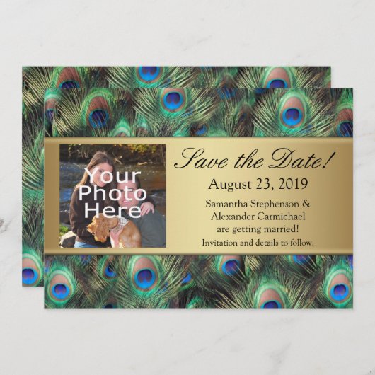 Golden Peacock Feather Foto Save the Date (Vorne/Hinten)