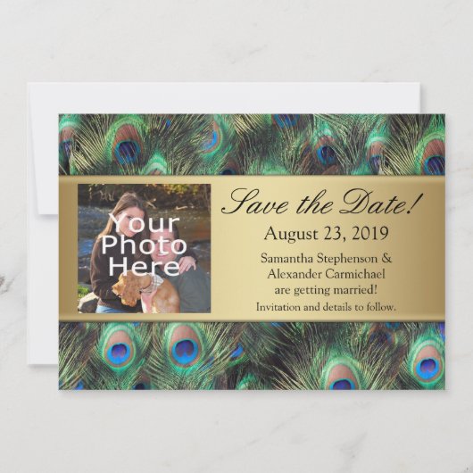Golden Peacock Feather Foto Save the Date (Vorderseite)