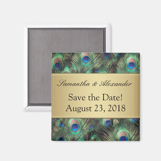 Golden Peacock Feather Hintergrund Save the Date Magnet (Vorderseite/Rückseite)