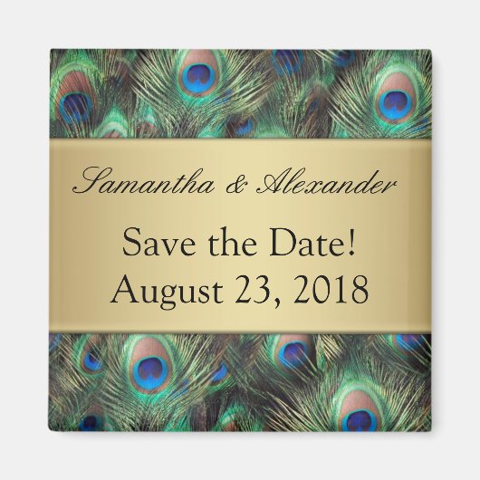 Golden Peacock Feather Hintergrund Save the Date Magnet (Vorne)
