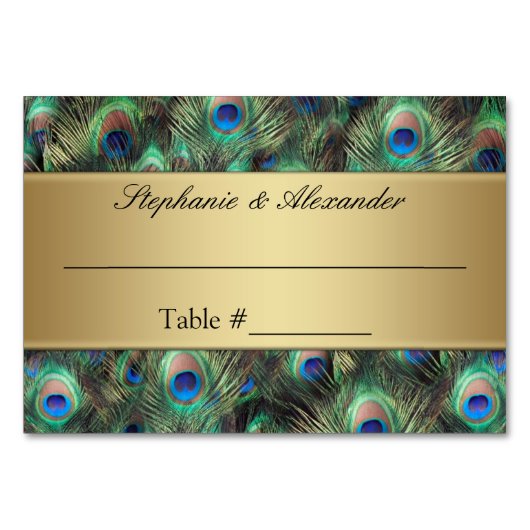 Golden Peacock Feather Table Place Name Cards Tischnummer (Vorderseite)