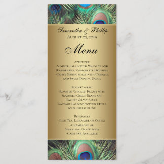 Golden Peacock Feather Wedding Menükarte