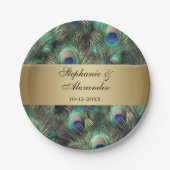 Golden Peacock Feather Wedding Pappteller (Vorderseite)