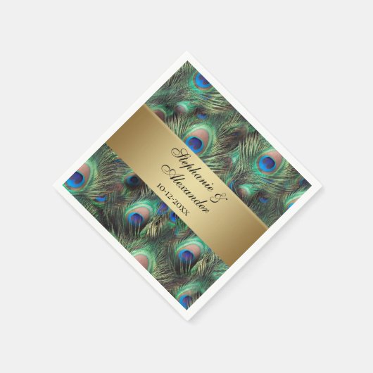 Golden Peacock Feather Wedding Serviette (Ecke)