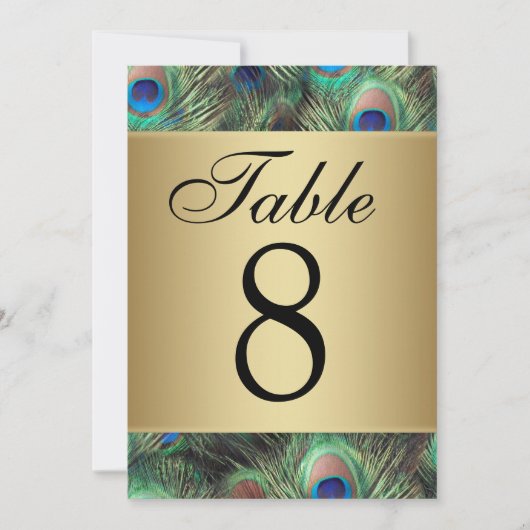 Golden Peacock Feather Wedding Tischnummer (Vorderseite)