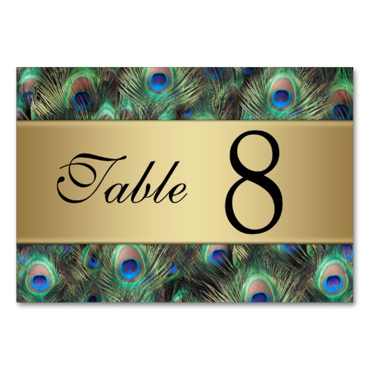 Golden Peacock Feather Wedding Tischnummer (Vorderseite)