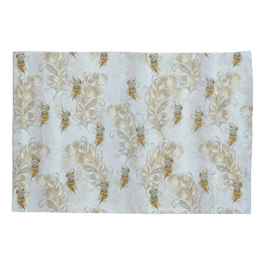 Golden Peacock Feathers and Blätter Kissenbezug (Rückseite)