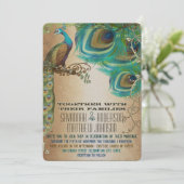 Golden Peacock Feathers Einladung (Stehend Vorderseite)