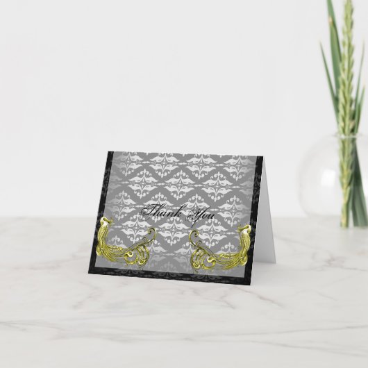 Golden Peacock Illustration on Damask Vielen Dank Dankeskarte (Vorderseite)