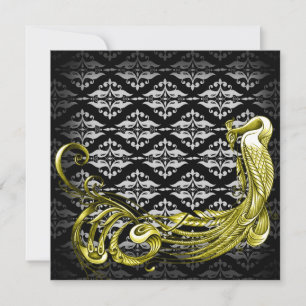 Golden Peacock on Damask Hochzeitstag Einladung