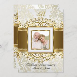 Golden & Pearl Swirl Damask Foto 50 Jahre alt Einladung