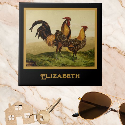 Golden Penciled Hamburg Roosters Black Monogram Fliese