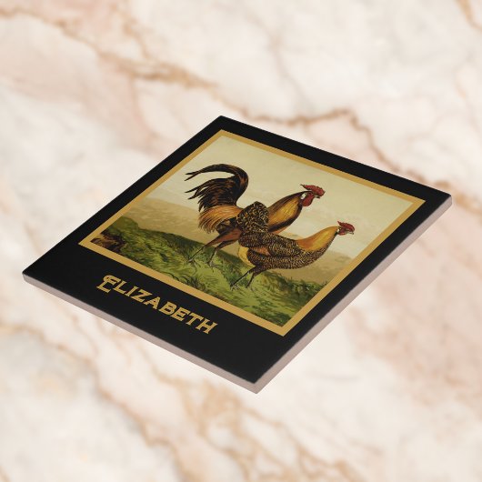 Golden Penciled Hamburg Roosters Black Monogram Fliese