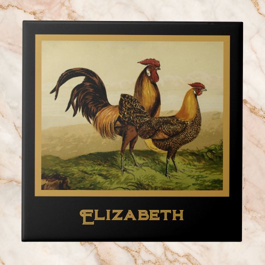 Golden Penciled Hamburg Roosters Black Monogram Fliese