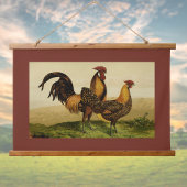 Golden Penciled Hamburg Roosters Hens on Farm Red Wandteppich Mit Holzrahmen