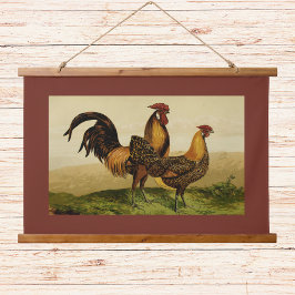 Golden Penciled Hamburg Roosters Hens on Farm Red Wandteppich Mit Holzrahmen