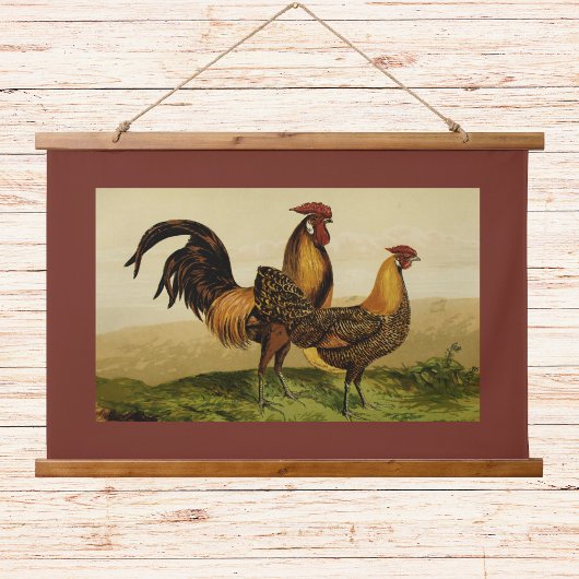 Golden Penciled Hamburg Roosters Hens on Farm Red Wandteppich Mit Holzrahmen