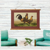 Golden Penciled Hamburg Roosters Hens on Farm Red Wandteppich Mit Holzrahmen