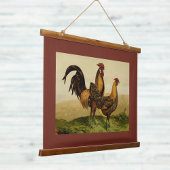 Golden Penciled Hamburg Roosters Hens on Farm Red Wandteppich Mit Holzrahmen