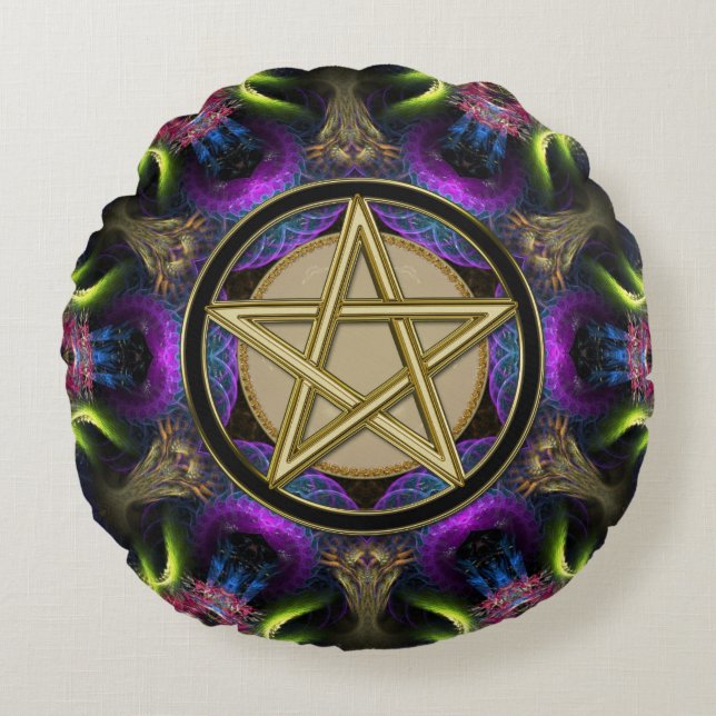 Golden Pentacle Magick Rundes Kissen (Vorderseite)