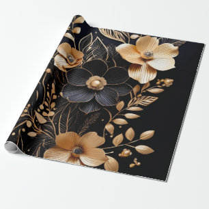 Golden Petals: Blumen auf schwarz Geschenkpapier