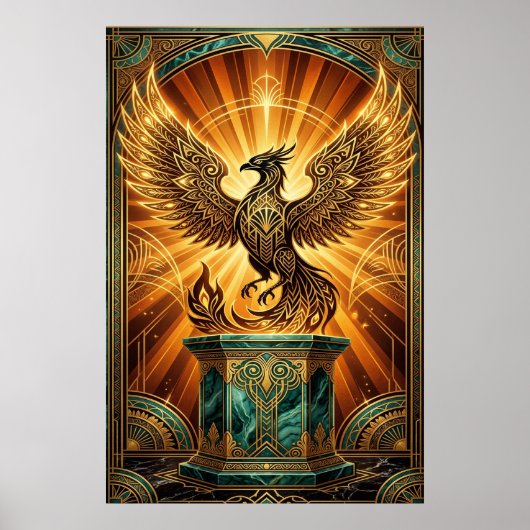 Golden Phoenix Rising Art Deco Illustration Poster (Vorne)