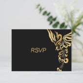 Golden Phoenix Rising Wedding RSVP Card Karte (Stehend Vorderseite)