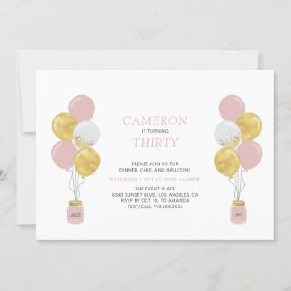 Golden & Pink Balloons Moderne Erwachsene Geburtst Einladung
