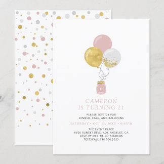 Golden & Pink Balloons Moderne Erwachsene Geburtst Einladung