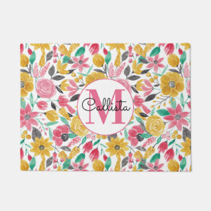 Golden Pink Blume Blätter Aquarellfarben Monogramm Fußmatte