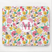 Golden Pink Blume Blätter Aquarellfarben Monogramm Mousepad (Vorne)