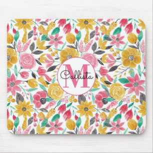 Golden Pink Blume Blätter Aquarellfarben Monogramm Mousepad